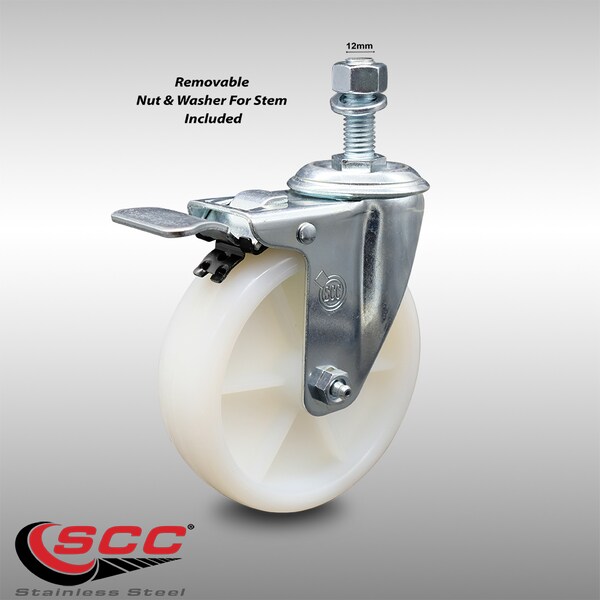 5 Inch SS Nylon Wheel Swivel 12mm Threaded Stem Caster with Total Lock Brake